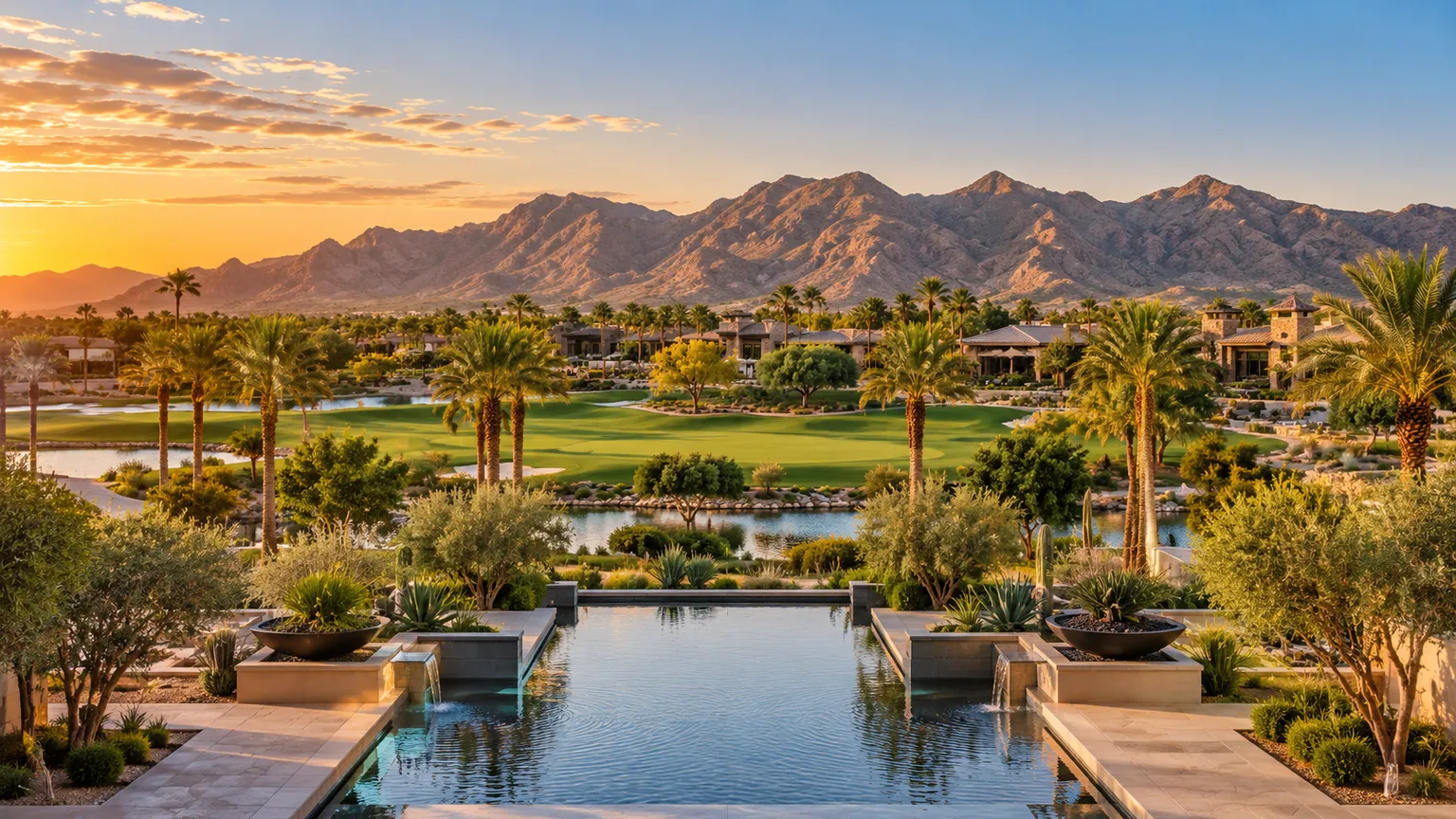 Sunset over a desert golf course community, with palm trees and a reflecting pool in front and mountains behind